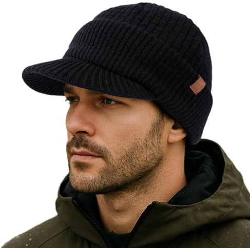 TOP-EX PolarWool™ XL/XXL 100% Merinowolle Schirmmütze Herren Großer Head, Winter Strickmützen Beanie Cap mit Visier, Warm Winddicht Wintermütze mit Fleecefutter für Ski Golf, Schwarz