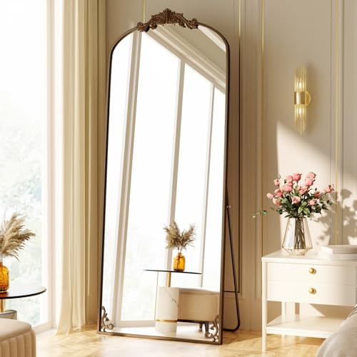 Koonmi Espejo de pie Vintage Curvado de Cuerpo Entero, 76 x 165 cm, Resistente a la Rotura, Espejo de pie de Longitud Completa con Hermoso Proceso de Grabado Retro para Dormitorio, Pasillo, Antiguo