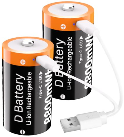 (8800mWh) Wiederaufladbare D Akku, Neue Upgrade hohe Kapazität 1.5V Lithium D Zelle Batterien Ersatz für Scheinwerfer, elektronisches Spielzeug usw., mit 2-in-1 USB-C Kabel - 2 Stück