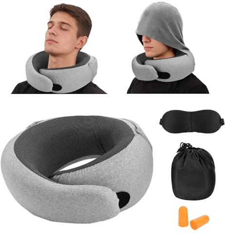 Hahorpa Nackenkissen Flugzeug mit Kapuze, Komfortabel Schlafkissen Flugzeug, Ergonomisches Reisekissen Memory Foam mit Kapuze für Langstreckenflüge, Autofahrten & Büroschlaf (Grau)