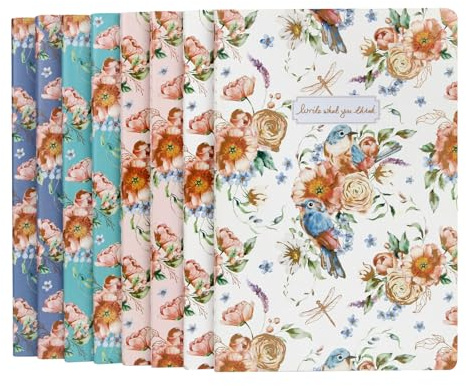 WETLOTE 8-pack A5 fodrade anteckningsböcker, vintage blommigt och fågeltryck mjukt omslag, 96 sidor, blandade färger (djupblå/grön/rosa/vit), sydd platt för skola, kontor och journalföring