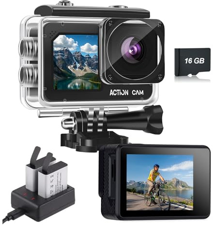 Nvgfelis Action Camera FHD 1080P 16MP- 131FT/40M Waterproof Dual Screen Sports Camera, 4X Zoom, 2 Rechargeable Batteries & Multifunctional Accessories Kit for Helmet, Bicycle