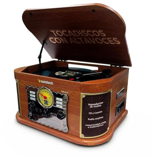 Sunstech Tocadiscos de vinilo de madera con conexión inalámbrica y altavoces estéreo 2.5 W | Giradiscos 3 velocidades 33/45/78 RPM | Reproductor CD, MP3, casete, radio AM/FM, USB y SD | Grabación MP3