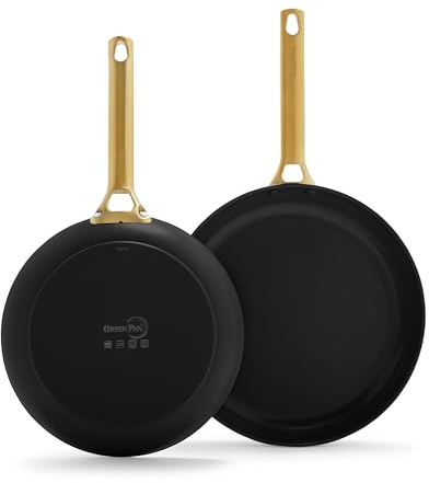 GreenPan Reserve Hard Anodized Healthy Ceramic Nonstick 10 and 12 Frying Pan Skillet Set, Gold Handle, PFAS-Free, Dishwasher Safe, Oven Safe Black