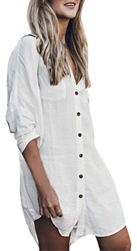 Camicie da donna Mini Abiti con Bottone Camicia Colletto Solido Tunica Top Maniche Lunghe Abito Allentato con Tasche, bianco, XL