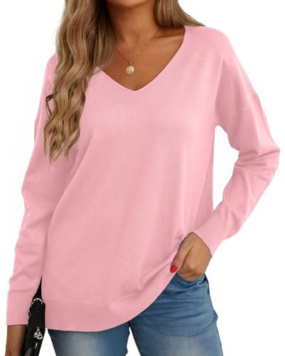 GRECERELLE Pull Femme Col V Décontracté en Tricot avec Manches Longues - Pullover Chic et Élégant pour l'hiver (Rose, XL)