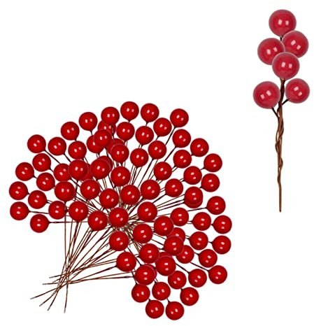 Mienocol 100pcs Christmas Artificial Red Holly Berries Red Berry Twig Stem,Artificial RedBerry Fruits Picks Berry Winter Berries Bunch for Christmas Wreath Making Xmas Tree Decorations Supplies