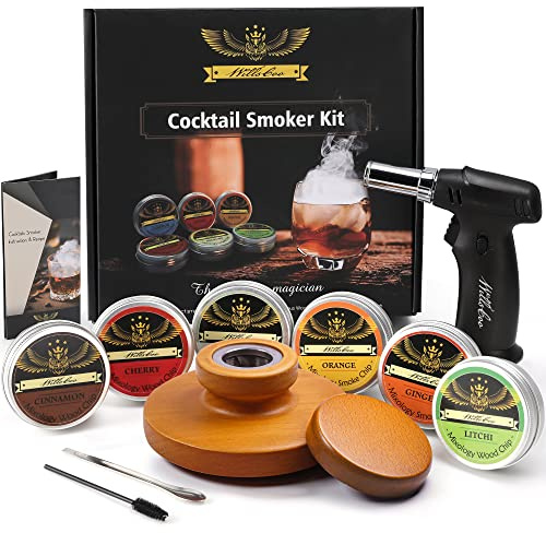 Willscoo Cocktail Smoker Kit - Handmade Old Fashioned Wood Smoker with Torch, 6 Flavors Wood Chips for Whiskey & Alcohol Gift Set, Gift for Men