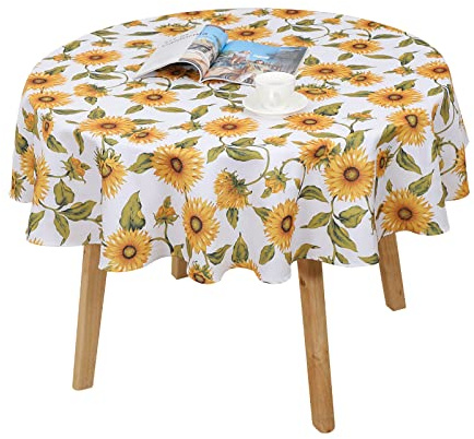 Qucover Mantel Mesa Redondo 150, Mantel de Poliéster Antimanchas con Bonito Patrón de Girasol Vivo, Hule Mesa Redonda Girasol Dorado Antiarrugas Duradero y Lavable para Cocina Café Fiesta Jardín