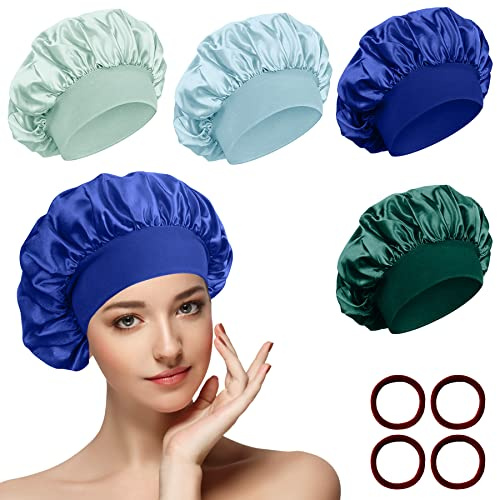4 Pièces Bonnet Satin Cheveux Nuit et 4 Elastiques à Cheveux, Bonnet de Sommeil Chapeau Nuit en Satin à Large Band Élastique Bonnets de Nuit Doux pour Femmes Cheveux Longs Cheveux Bouclés