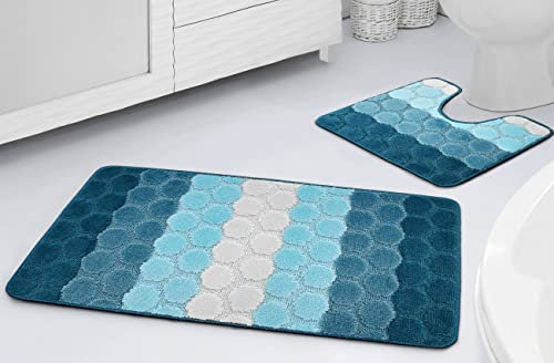 La Maison Bathroom Rug Set 2 Piece Hex Stripe Ombre Non Slip Bath Mat and Pedestal Mat Set Quick Dry Shower Bath Super Soft Toilet Mat Set (Blue)
