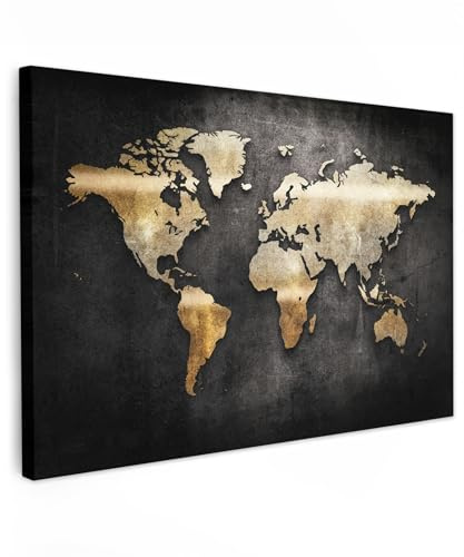 MuchoWow© Stampa Su Tela 120x80 cm Decorazioni Pareti Canvas Grandi Dimensioni Quadri Con Cornice Moderni Quadro Soggiorno Foto Camera Da LettoMappa del mondo - Oro - Brillantini - Nero