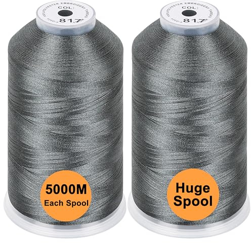 New brothread Set of 2 Polyester Machine Embroidery Thread Huge Spool 5000M for All Embroidery Machines - Gray