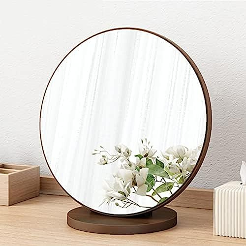Bordsspegel, 90° justerbar, sminkspegel i trä, portabel, avtagbar rund sminkbord, bordsspegel, högupplöst skrivbordsspegel, valnöt, 20 cm