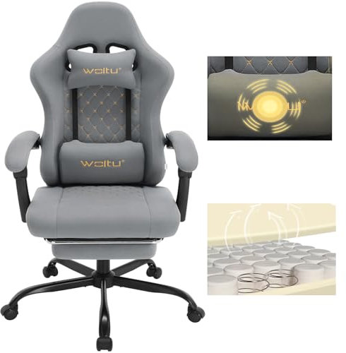 WOLTU Gaming Stuhl mit Massagefunktion, Computerstuhl Ergonomisch, Taschenfederkissen, Lendenmassage, Kopfkissen, Fußstütze, Drehstuhl, 150 kg, Netzstoff, Grau+Gelb