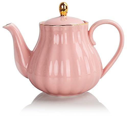 Sweejar Home Théière en porcelaine avec infuseur et couvercle, 890 ml avec filtre pour thé/café/lait/femme/bureau/maison/cadeau (forme de citrouille, rose1)