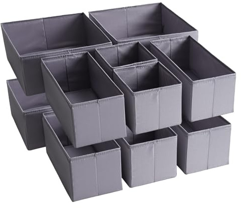 TYEERS Schubladen Organizer, Strapazierfähiger Stoff, Waschbar, mit Bodenstützplatten, Kleine Aufbewahrungsboxen für Badezimmer, Kleiderschrank, Kommode, 12er-Set, Dunkelgrau