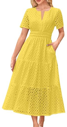 Womens Summer Dresses Elegant Eyelet Dress Short Sleeve V Neck Button Wrap Dress Loose Beach Ladies Maxi Sundress Hollow Out Tunic Dress Boho T-Shirt Dress with Pockets 2025 Yellow