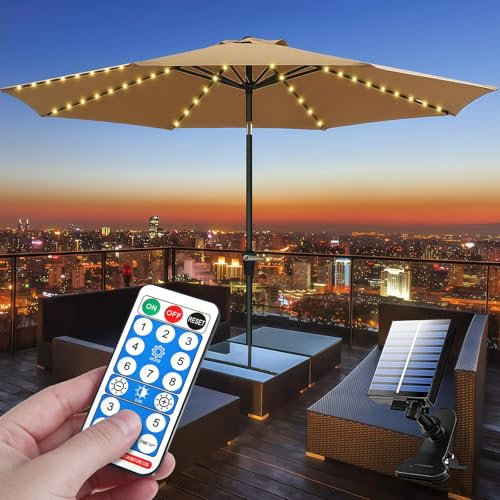 Solar Sonnenschirm Lichterkette,Sonnenschirm Beleuchtung mit Fernbedienung,LED Sonnenschirm Lichter,8 Modus,104 LEDs,Umbrella Lights,IP67 Wasserdichte Gartenleuchten,Baldachin Dekorative Strip Lichter