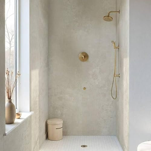 DECOON - Juego de 8 paneles de pared de ducha para pared de baño, fácil y rápido de instalar, resistente al agua, sin juntas, revestimientos de SPC – Decoración efecto piedra beige – 38,9 x 77,8 cm