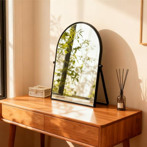 Numjeg Black Metal Bedroom Mirror Vanity Countertop makeup mirror Arch Makeup Bathroom Mirror Rotation Framed Standing Mirrors 90°Adjustable Room Decor for Living Room,bathroom Tabletop