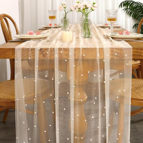 LOMOHOO Camino de mesa beige de 75 x 300 cm, decoración de mesa de boda con perlas y tul, camino de mesa de gasa de perlas transparentes para despedida de soltera, fiesta de cumpleaños, mesa de