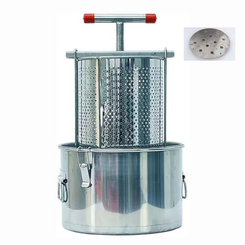 Pressa manuale per miele da 10 l, con secchio e filtro, per frutta, vino, apicoltura, con manico a T, base stabile e vaschetta di scarico per spremitura domestica ed estrazione del miele