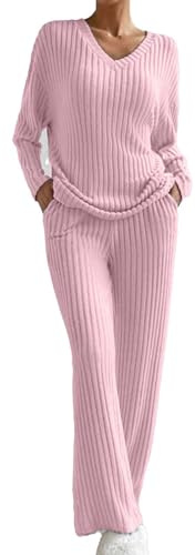 Generico Chándal De Mujer De Punto Cómodos Suéter Y Pantalones De Pierna Ancha Casual Elegante Cuello en V Mono De Punto De Manga Larga Suave Conjunto De 2 Piezas Ligero Otoño Invierno Chándales De