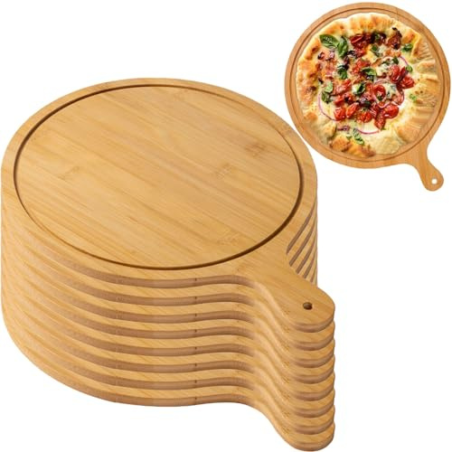 8-pack lätta pizzatallrikar i trä med handtag, 28 cm brickor för pizzatillverkning och förvaring, perfekt för hemmakockar ljusbrun färg