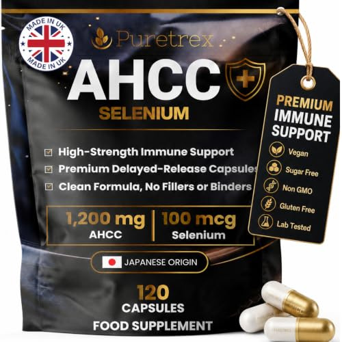 Puretrex AHCC Selenium Immune Support Capsules 1200mg, 120 Capsules | Japanese Origin from Shiitake Mycelium with Selenium as L Selenomethionine No Fillers Pullulan Vegan
