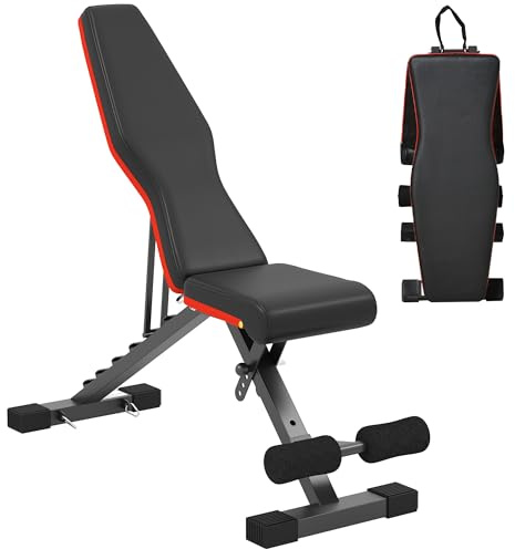 HOMCOM Banco de Musculación Plegable con Respaldo y Asiento Ajustables | Extensión de Pierna, Cojín de Predicador, Banda de Resistencia, Banco de Pesas, Entrenamiento Completo, Gimnasio en Casa
