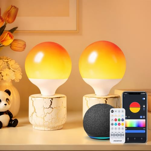 Aigostar Lámpara de Mesa Inteligente Bluetooth Mesh Alexa, 2 Pcs, Bombilla LED E27 18W 1800LM RGB Gradiente, Degradado Superior e Inferior Regulable Color y Blanco, Lámpara Noche Escritorio Moderna