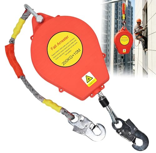 VFDZ Arnés de Seguridad Trabajo en Altura 200kg (Rojo,10m) | Dispositivo Anticaida Retráctil, Linea de Vida Retractil para Trabajos en Altura Construcción y Mantenimiento Eléctrico