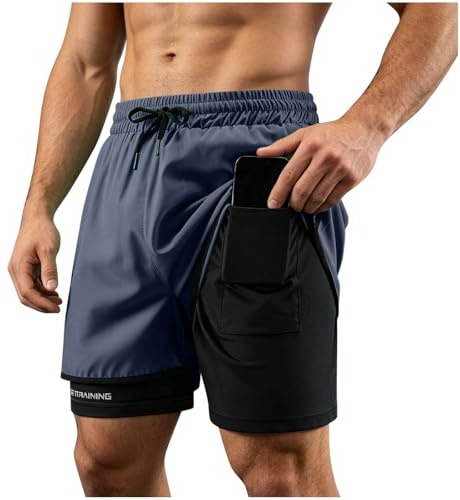Short Homme Sport Double Couche Ceinture Élastique Cordon Ajustable Poche Intérieure pour Téléphone Portable Boucle de Serviette Séchage Rapide pour Course Gym Fitness Trail