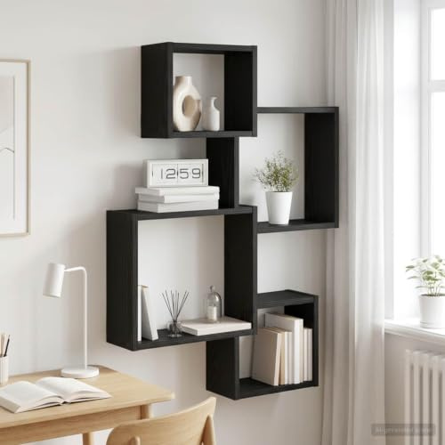 Plumbpyr Väggkubhylla väggfäste svart ek trämaterial 64 x 13,5 x 91,5 cm för böcker dekoration platsbesparande väggförvaring för vardagsrum och kontor