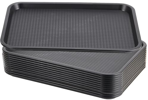 MAHIONG 12 Pack 16 x 12 Inch Black Fast Food Tray, Large Rectangular Restaurant Serving Trays, Plastic Cafeteria Trays School Lunch Trays
