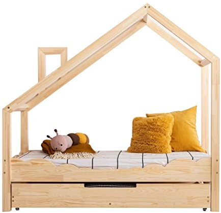 ahoj baby Hausbett mit Schublade für Kinder, Montessori-Hausbett, solides handgefertigtes Bett für Kleinkinder, Kinderbett, Bettrahmen, Cottage-Bett, Kleinkinderbett (80x160)