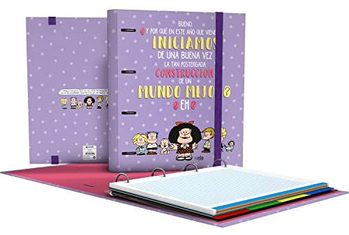 Grafoplás 88102659 Classeur avec recharge, A4, 4 anneaux, 100 feuilles quadrillées, 5 x 5, bord coloré, séparateurs, enveloppe transparente, dos courbe, dossier, collection Mafalda, espanza