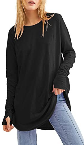 Ebifin Langarmshirt Damen Longshirt Rundhalsausschnitt Langarm Oberteil Shirts Basic Blusen Tunika Tee Tops.Schwarz.XL