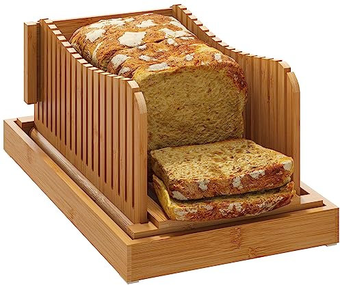 Affettatrice per pane, guida per il pane fatto in casa in legno di bambù, spessore a 3 fette, guida per il taglio compatta pieghevole con vassoio per briciole
