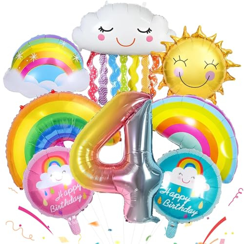 TZQFROCE Regnbågsballonger 4 år, 8 stycken, regnbåge, födelsedagsdekoration, regnbåge, dekoration, barnfödelsedag, festival, fest, dekoration