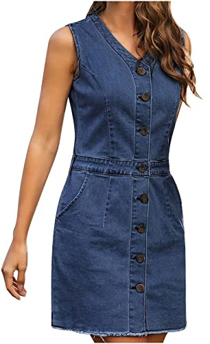 Arestory Women's Sleeveless Denim Dress UK Clearance LadiesV-Neck Dress Buttons Jeans Dresses Knee-High Denim Dress Loose Dungarees Dresses Solid Color Bodycon Skirt Baggy Summer Dress Blue