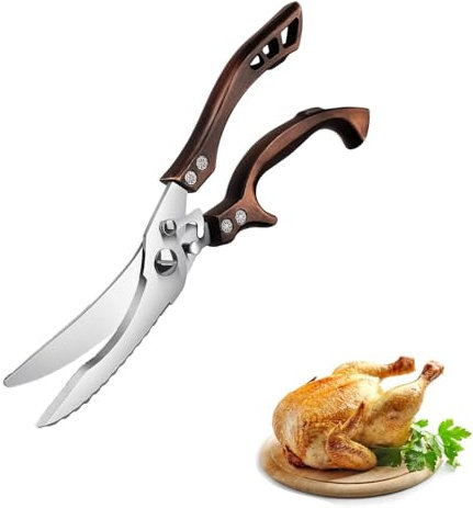 Geflügelschere scharfe Küchenschere,Geflügelschere Edelstahl mit Ergonomischen Griff,Huhn, Pute oder Truthahn,Fleischschere, Gans, zum Zerteilen von Ente,Holzfarbe