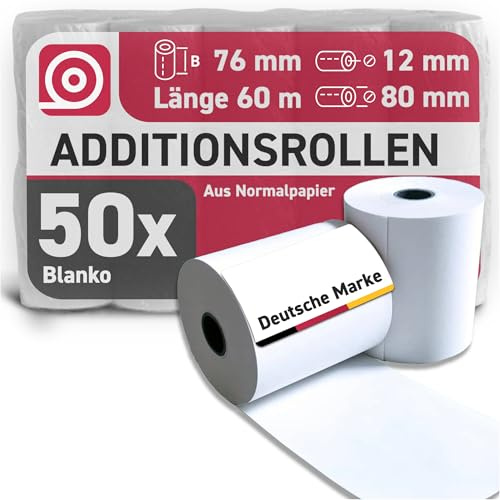 Gebongt24 Additionsrolle 76 mm x 60 m x 12 mm – holzfreies Normalpapier – 50 Kassenrollen mit ca. 80 mm Rollendurchmesser – ideal für Apotheken & Nadeldrucker passend für EPSON & Co.