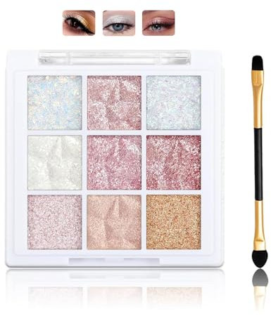 9-Color Shimmer Eyeshadow Palette – White & Pink Glitter Shades, Creamy Texture, Waterproof, Highly Pigmented Sparkly Makeup for Women, Includes Brush