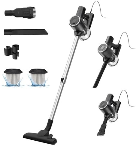 VAOTIDY Aspirateur Balai 600W, Aspirateur Balai avec Fil Puissant 25Kpa, 3 en 1 Long Câble 7m avec Filtre HEPA - Aspirateur Léger pour Sols Tapis Durs, avec Support Mural Argenté