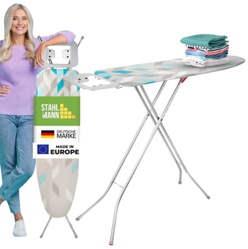 STAHLMANN ® Bügelbrett [110x30 Bügelfäche ] mit rutschfesten Füßen – robuster Bügeltisch – extra stabiles Bügelbrett [Made IN EU] – Tischbügelbrett