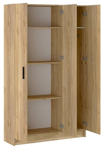 Somnia Descanso - Armario Auxiliar Multiusos de Tres Puertas, 4 Baldas y Hueco para Escoba Elenor, Color Roble Miel, 108 cm (Ancho) x 180 cm (Alto) x 35 cm (Fondo)
