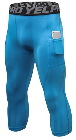 Yuerlian Blue Men’s 3/4 Gym Compression Leggings Sports Running Tight Quick Dry Lightweight Base Layer Pants Athletic Fitness Golf Football Trousers with Pockets