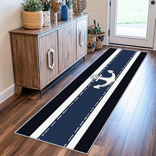 SUWALI Teppich Läufer Flur 60x180 cm Anker, Nautisch Küstennah Segler Teppichläufer, rutschfest Waschbar Weich Kurzflor Flurläufer Flurteppich, Lang Läufer Teppich für Küche Korridor Eingang